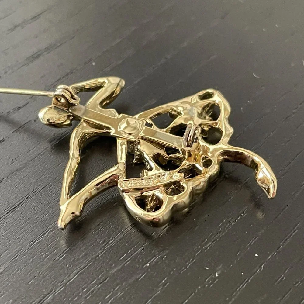 Gerry’s Brooch Ballerina Dancer Figural W/ Tutu Gold Toned Green Rhinestones Pin